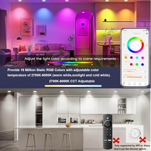 RICHSING Recessed Lighting 6 inch, 4Pack RGBCW Recessed Ceiling Lights with Junction Box, 16W 1350lm LED Recessed Lights 2700 to 6000K Canless LED Downlight Dimmable by Alexa and APP - Image 3
