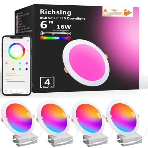 RICHSING Recessed Lighting 6 inch, 4Pack RGBCW Recessed Ceiling Lights with Junction Box, 16W 1350lm LED Recessed Lights 2700 to 6000K Canless LED Downlight Dimmable by Alexa and APP - Image 1
