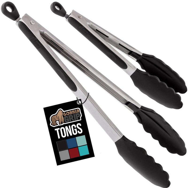 GORILLA GRIP Stainless Steel Heat Resistant Kitchen Tongs for Cooking, 9 + 12 Inch, Set of 2 BBQ Tong, Non Scratch Silicone Tip for Pan, Strong Grip, Grab Food, Toss Salad, Air Fryer, Pull Lock, Black - Image 1