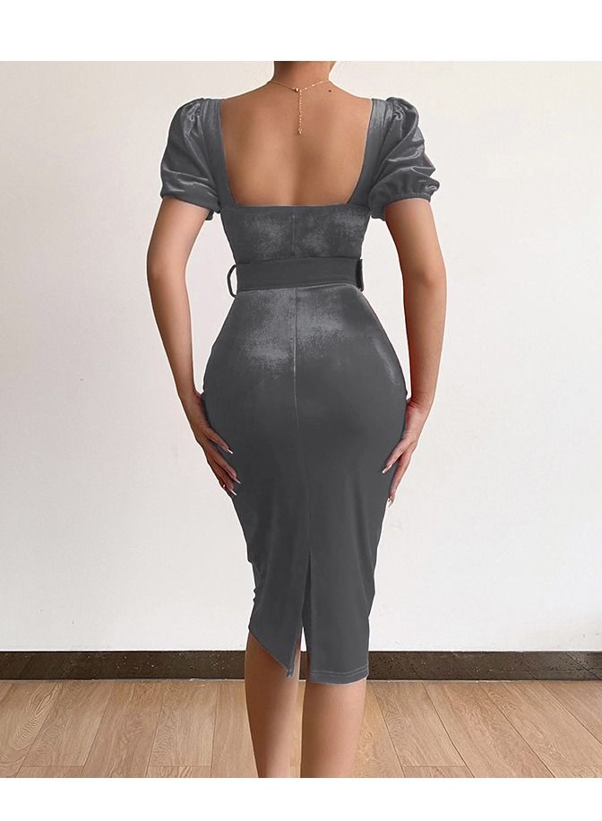 Loquat New Fashion Solid Color Belted Waist Low Veckline Velvet Dress  - Image 2