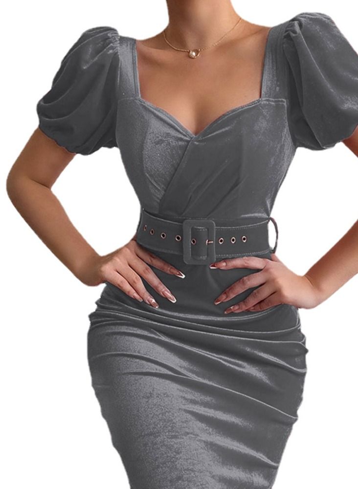 Loquat New Fashion Solid Color Belted Waist Low Veckline Velvet Dress  - Image 1