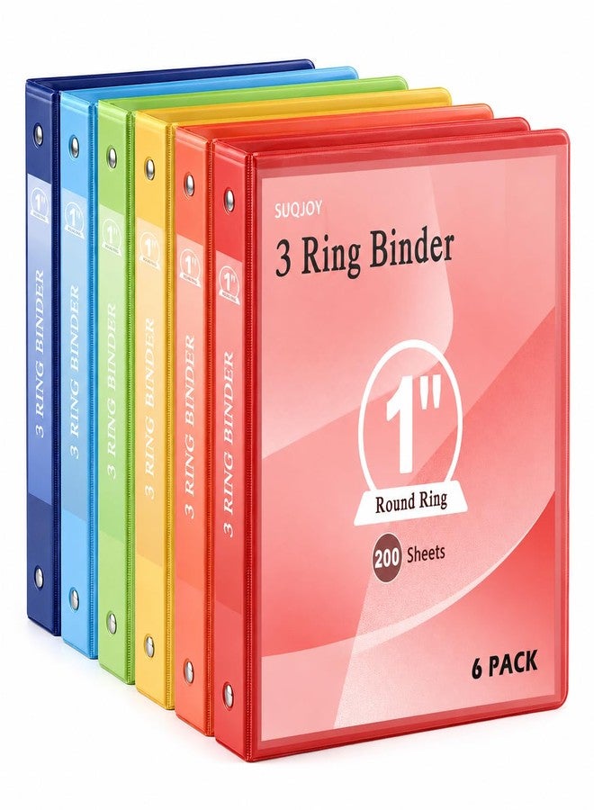 SUQJOY 1-inch 3 Ring Binde with 2 Inside Pockets, 1" Clear View Binder Holds US Letter Size 8.5'' x 11" Paper, 1“ Round Ring Binder for Office/Home/School Supply, 6 Pack (6 Colors Assorted) - Image 1