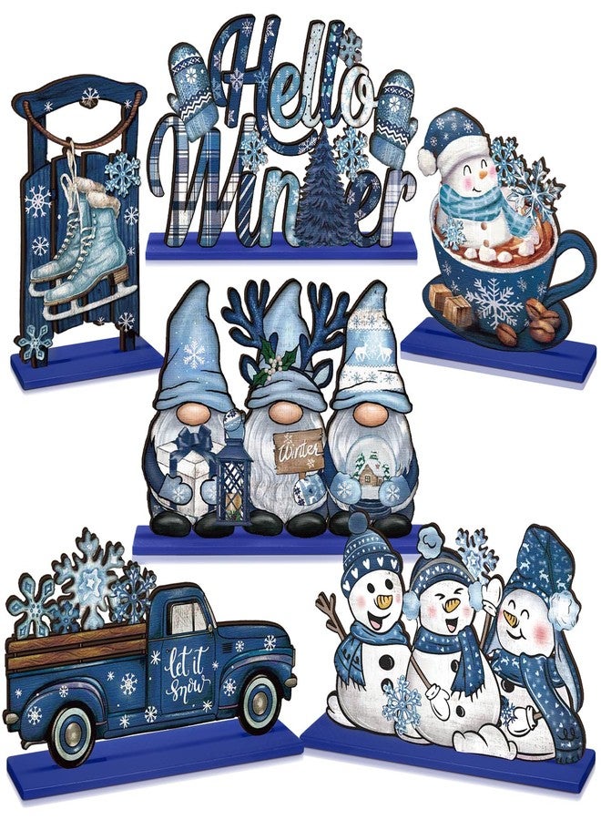 Realspring 6 Pcs Wooden Winter Table Decor Blue Winter Tiered Tray Decor Wood Decorative Gnome Snowman Truck Signs Hello Centerpieces for Kitchen Office Home - Image 1