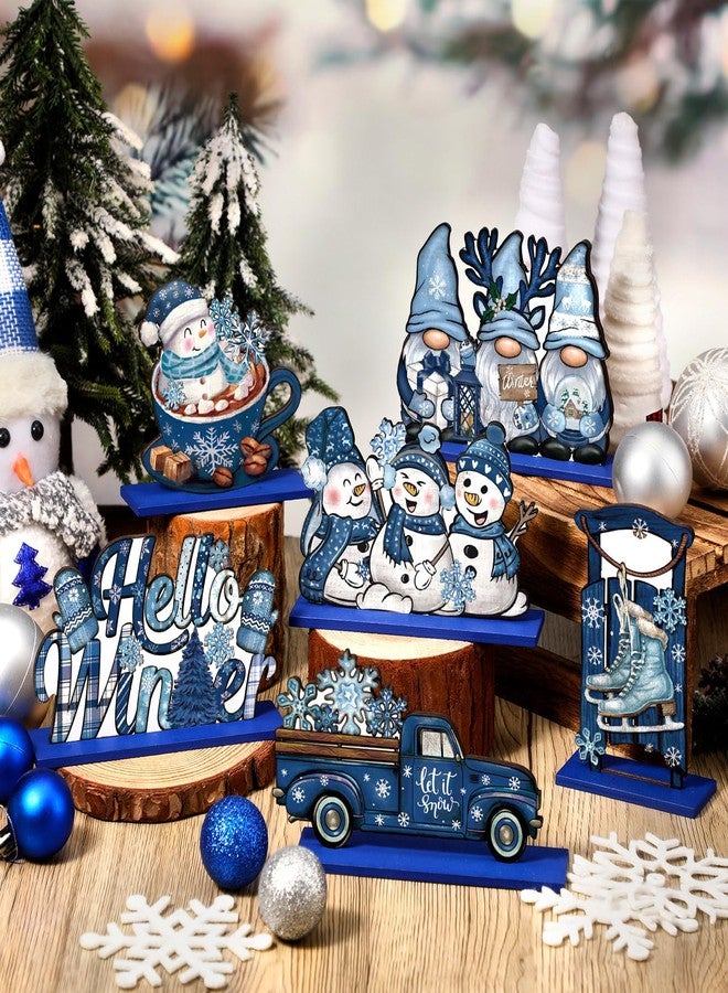 Realspring 6 Pcs Wooden Winter Table Decor Blue Winter Tiered Tray Decor Wood Decorative Gnome Snowman Truck Signs Hello Centerpieces for Kitchen Office Home - Image 2