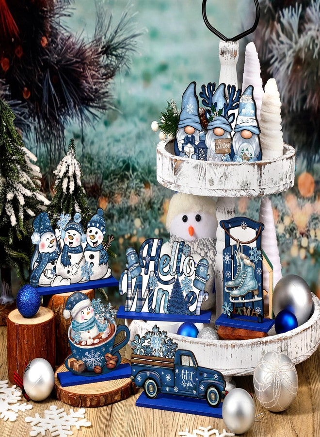 Realspring 6 Pcs Wooden Winter Table Decor Blue Winter Tiered Tray Decor Wood Decorative Gnome Snowman Truck Signs Hello Centerpieces for Kitchen Office Home - Image 5