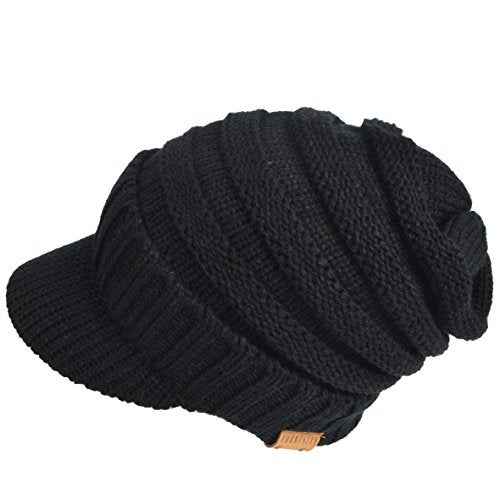 VECRY Mens Womens Thick Fleece Lined Knit Newsboy Cap Slouch Beanie Hat with Visor (Thick-Black) - Image 2