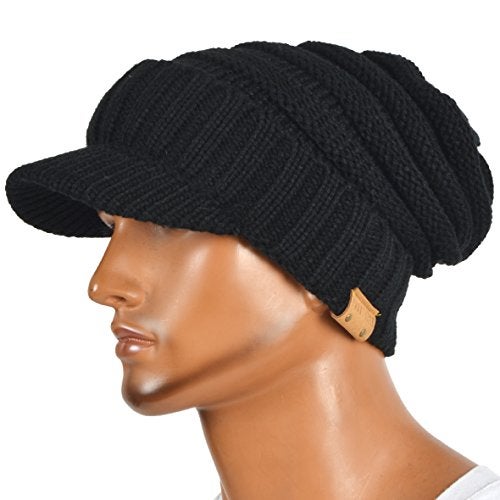 VECRY Mens Womens Thick Fleece Lined Knit Newsboy Cap Slouch Beanie Hat with Visor (Thick-Black) - Image 4