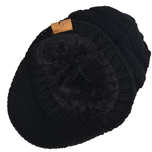 VECRY Mens Womens Thick Fleece Lined Knit Newsboy Cap Slouch Beanie Hat with Visor (Thick-Black) - Image 3