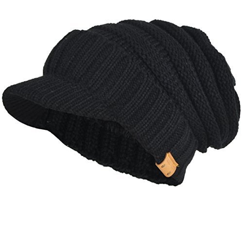 VECRY Mens Womens Thick Fleece Lined Knit Newsboy Cap Slouch Beanie Hat with Visor (Thick-Black) - Image 5