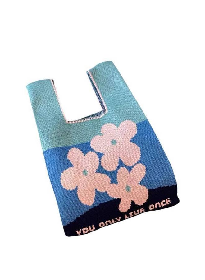 Knitted Bag, Wedding Candy Bag, Hand Bag, Safe And Festive Company Annual Meeting Gift, Promotional Bag, Holiday Gift Bag-Color:Three Flowers Blue 20-35 - Image 1