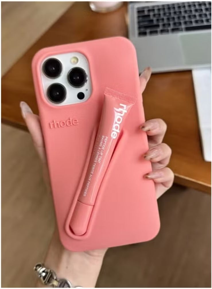 رود جراب سيليكون لهاتف iPhone 16 Pro Max مع حامل للشفاه، جراب لاصق لملمع الشفاه للهاتف، جراب لاصق لحامل الشفاه، حامل خلفي لاصق لهواتف iPhone (وردي غامق) - Image 1