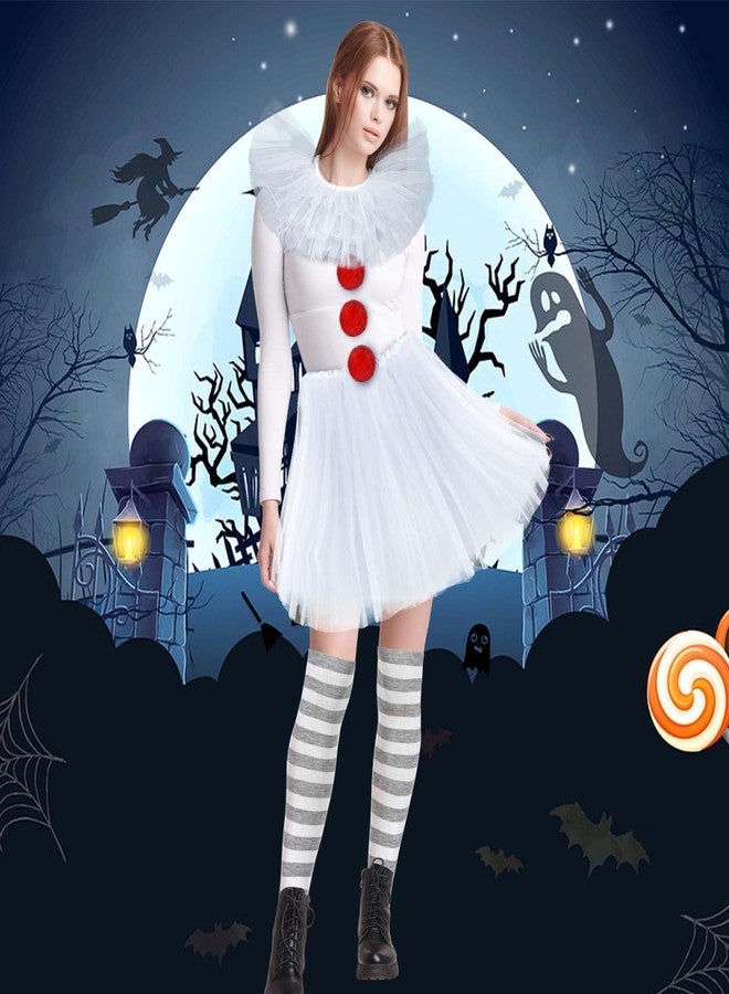 JcHrmers 6Pcs Halloween Clown Cosplay Set for Women Including White Tutu Skirt White Gloves Collar Grey Striped Socks for Halloween Cosplay Supplies - Image 5