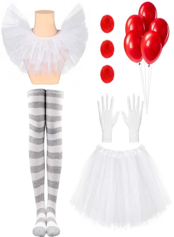 JcHrmers 6Pcs Halloween Clown Cosplay Set for Women Including White Tutu Skirt White Gloves Collar Grey Striped Socks for Halloween Cosplay Supplies - Image 1