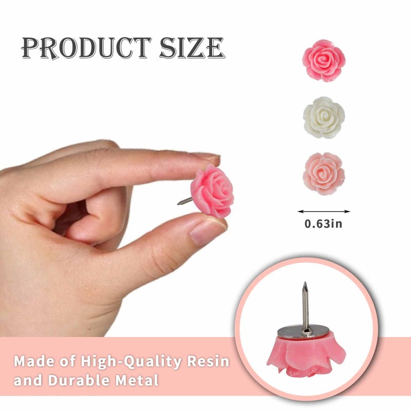 Vukasi 40Pcs Flower Push Pins Rose Decorative ThumbTacks for Cork Board Cute Pink Decorative Push Pins for Bulletin Board, Photos Wall Maps,Offices School - Image 2