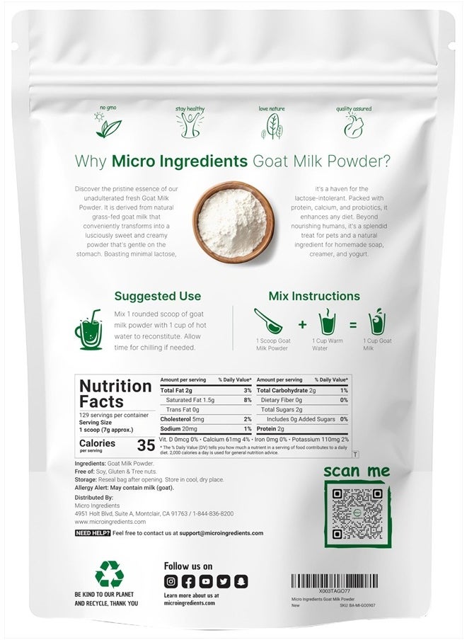 Goat Milk Powder, 2 Lb | Grass Fed Source, Australian Farm Derived, Unadulterated Formula, Easily Digested | Rich in Protein, Calcium, & Probiotics | Non-GMO, Gluten Free, Pet Friendly
