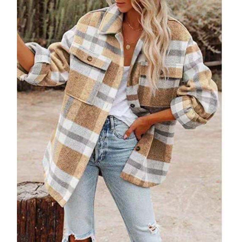 2022 Autumn Winter Plaid Wool Coat Womens Casual Loose Long Sleeve Shirt Yellow 