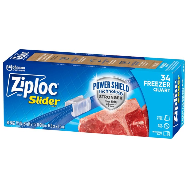 Ziploc Food Storage Quart Freezer Slider Bags, Power Shield Technology for More Durability, 34 count - Image 1