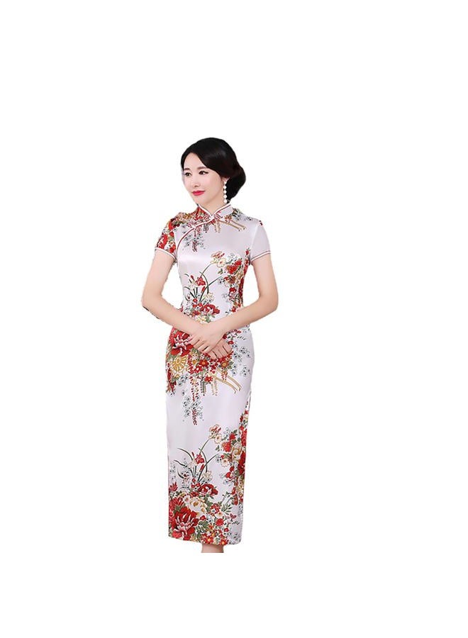 INFENU Chinese Style Dress Improves Cheongsam Temperament, Retro Long Silk Printed Daily Banquet Women's Performance Clothing (Write,Large) - Image 1