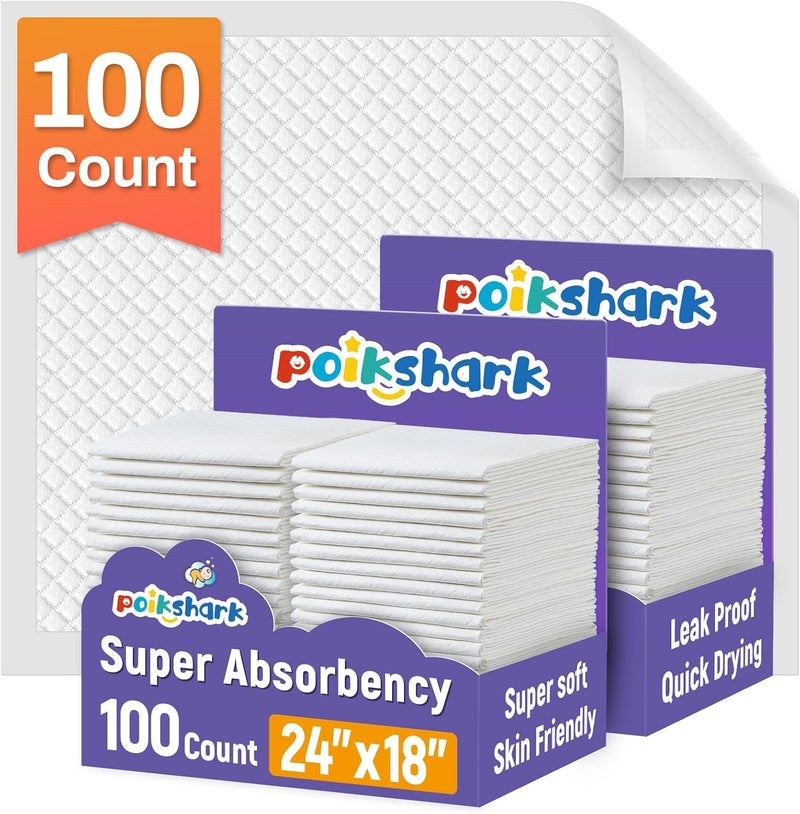 POIKSHARK 100 Pack Disposable Changing Pads for Baby 24 x 18 Super Absorbency Disposable Underpads Large Bed Pads Absorbent Fluff Protective Table Pads Disposable Diaper Changing Pads Leakproof - Image 1