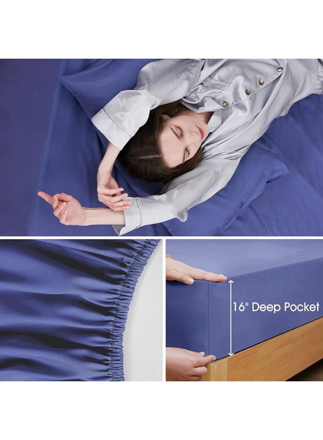 David's Home 100% Rayon Derived from Bamboo Cooling Sheets Set, Luxury Silky Soft Breathable for Hot Sleeper, 16" Deep Pocket Sheets with Pillowcase for Spring Summer, Queen Size, Blue - Image 5