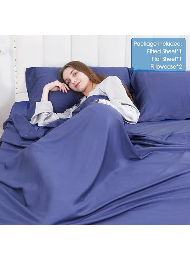 David's Home 100% Rayon Derived from Bamboo Cooling Sheets Set, Luxury Silky Soft Breathable for Hot Sleeper, 16" Deep Pocket Sheets with Pillowcase for Spring Summer, Queen Size, Blue - Image 4