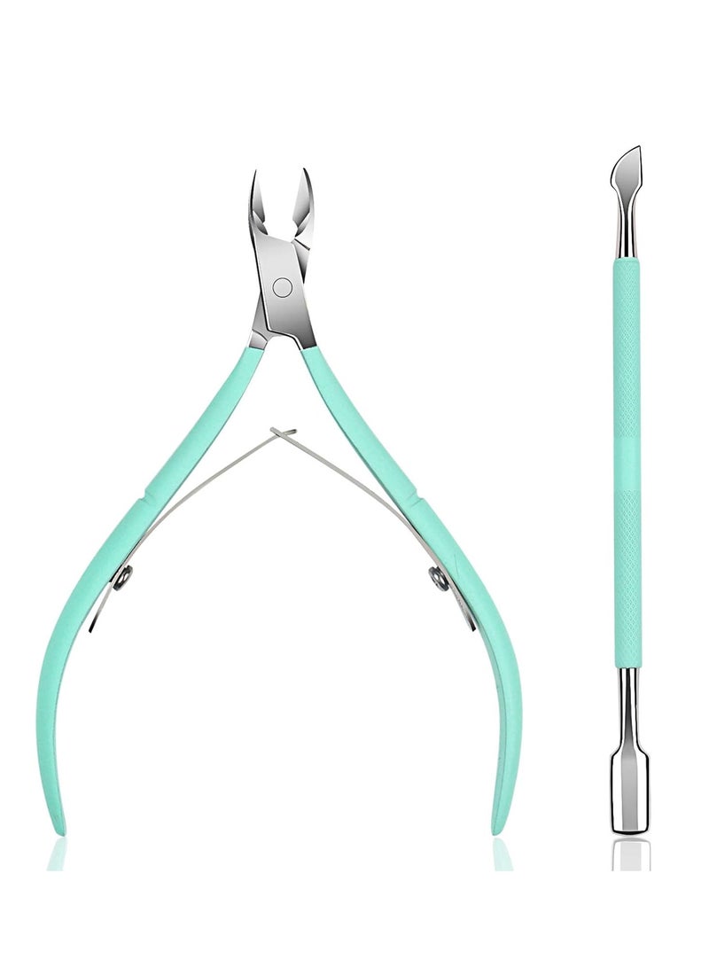 Red Blossom 2pcs Stainless Steel Cuticle Nipper and Pusher Set - Professional Grade, Durable Manicure & Pedicure Tools with Precision Tips for Dead Skin Removal, Green  - Image 1
