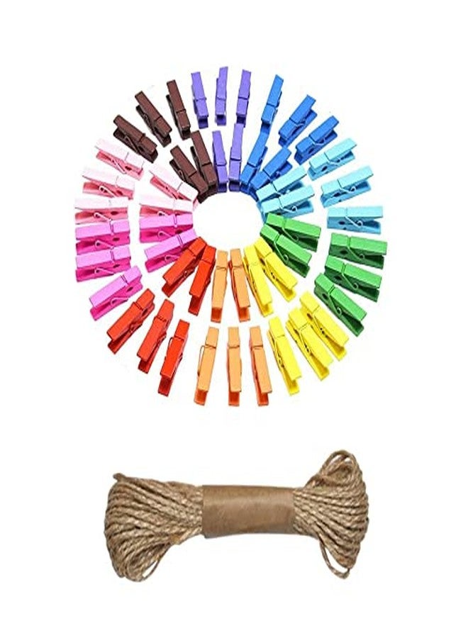 3A Featuretail 1.5 Inch Wooden Clothespins Photo Paper Peg Pin Craft Clips with Jute Rope (Pack of 50 Clips and 10 Metre Jute Rope, Multicolor) - Image 1