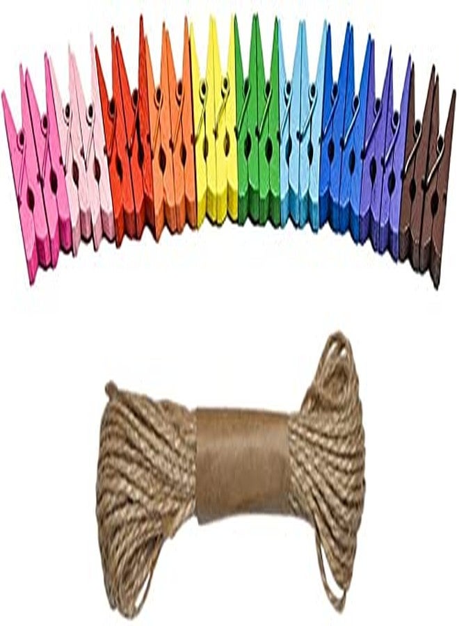 3A Featuretail 1.5 Inch Wooden Clothespins Photo Paper Peg Pin Craft Clips with Jute Rope (Pack of 50 Clips and 10 Metre Jute Rope, Multicolor) - Image 2