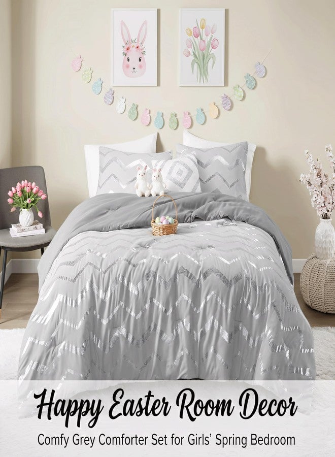 Codi Silver and Grey Bedroom Set, Gray Girls Bedding Comforter Sets Queen and Full Size, 4 Pieces for Women - All Seasons Warm - Image 2