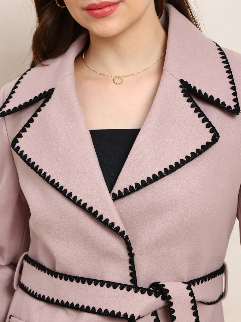 globus Globus Women Pink Solid Notched Lapel Embroidered Detail Long Sleeves Knee Length Belted Winterwear Overcoat