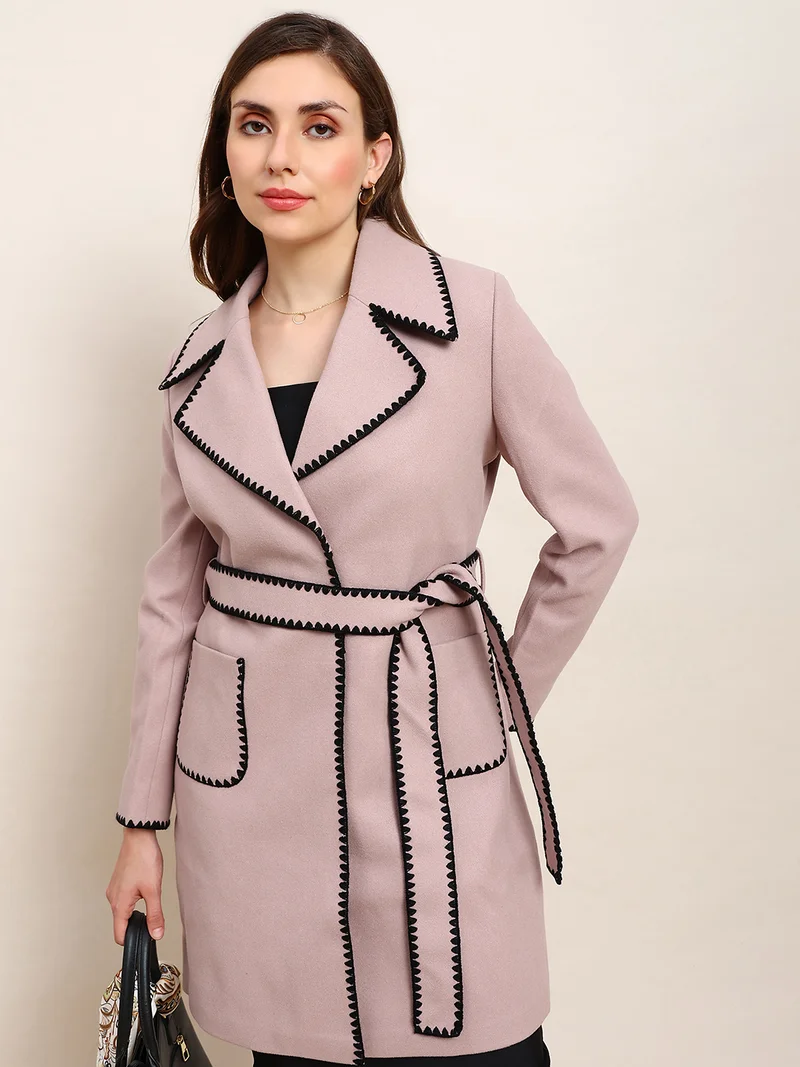 globus Globus Women Pink Solid Notched Lapel Embroidered Detail Long Sleeves Knee Length Belted Winterwear Overcoat