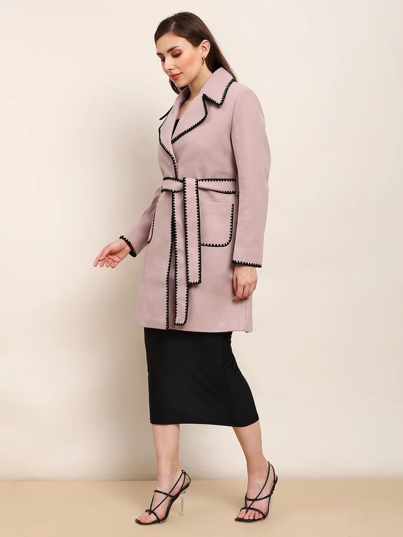 globus Globus Women Pink Solid Notched Lapel Embroidered Detail Long Sleeves Knee Length Belted Winterwear Overcoat