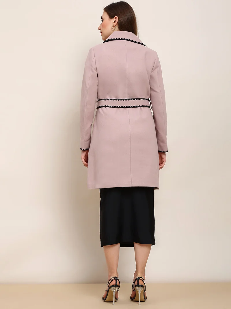 globus Globus Women Pink Solid Notched Lapel Embroidered Detail Long Sleeves Knee Length Belted Winterwear Overcoat