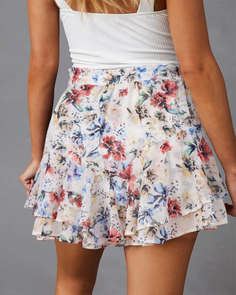 Aoudery Flowy Shorts for Women Casual Boho Floral Skorts Ruffle Mini Skirts Running Tennis Butterfly Chiffon Shorts- Beige Floral M - Image 2