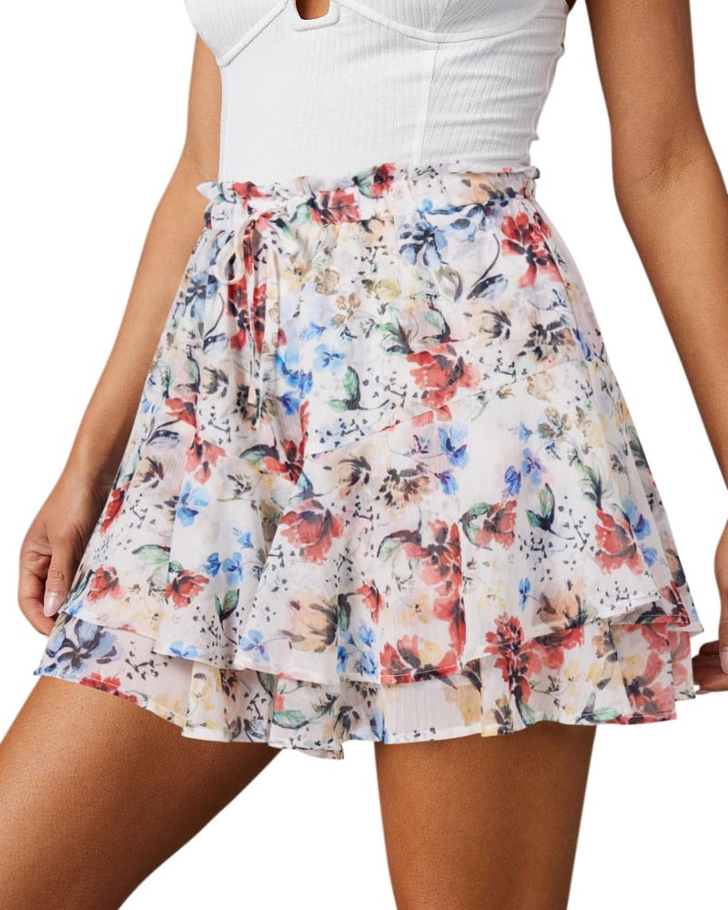Aoudery Flowy Shorts for Women Casual Boho Floral Skorts Ruffle Mini Skirts Running Tennis Butterfly Chiffon Shorts- Beige Floral M - Image 1