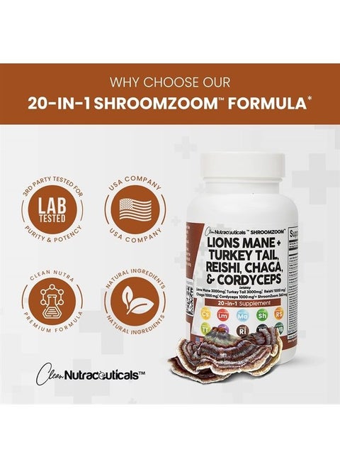 Lions Mane 3000mg 20in1 Mushroom Supplement with Turkey Tail 2000mg Reishi 1000mg Cordyceps Chaga 1000mg Maitake Meshima Poria Cocos Shiitake Oyster Porcini Enoki Cognitive, Energy, Focus Pills USA