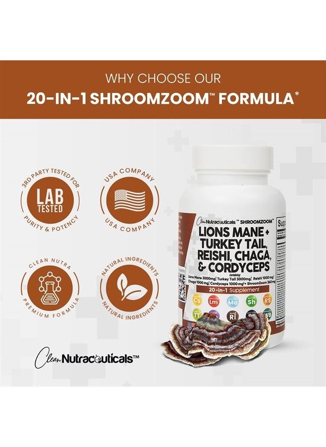 Lions Mane 3000mg 20in1 Mushroom Supplement with Turkey Tail 2000mg Reishi 1000mg Cordyceps Chaga 1000mg Maitake Meshima Poria Cocos Shiitake Oyster Porcini Enoki Cognitive, Energy, Focus Pills USA