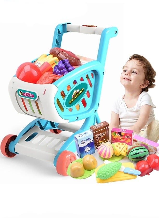 Fun Kids Shopping Cart Trolley Play Set Toy with Pretend Food and Accessories for Age 3+ Role-Playing Game, Grocery Fruit Vegetable Shop Play Food Educational Toy - Image 1