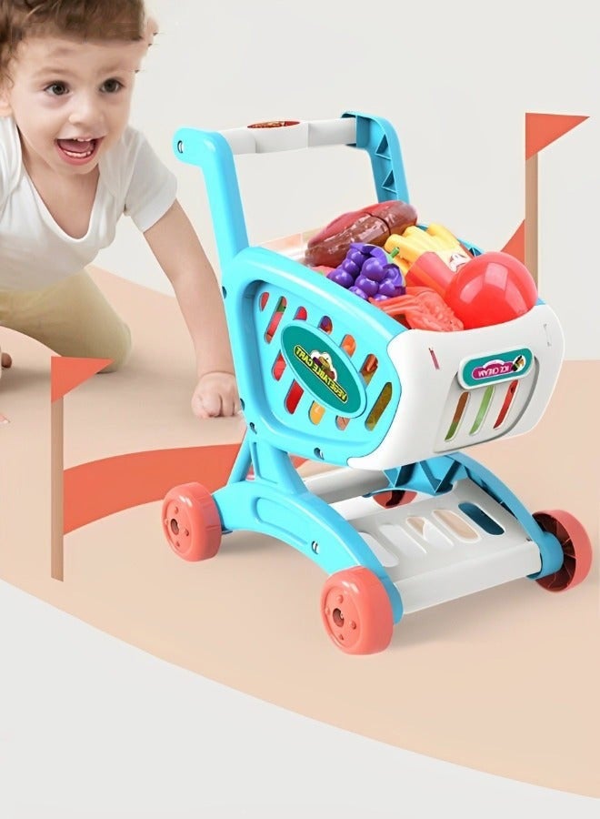 Fun Kids Shopping Cart Trolley Play Set Toy with Pretend Food and Accessories for Age 3+ Role-Playing Game, Grocery Fruit Vegetable Shop Play Food Educational Toy - Image 2