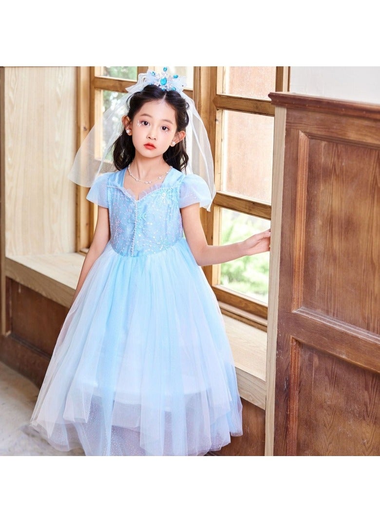 M MIAOYAN Young girl embroidered short-sleeved princess dress with blue long skirt, princess dress girl mesh fairy dress with large skirt, the best choice for the little princess at home - Image 1