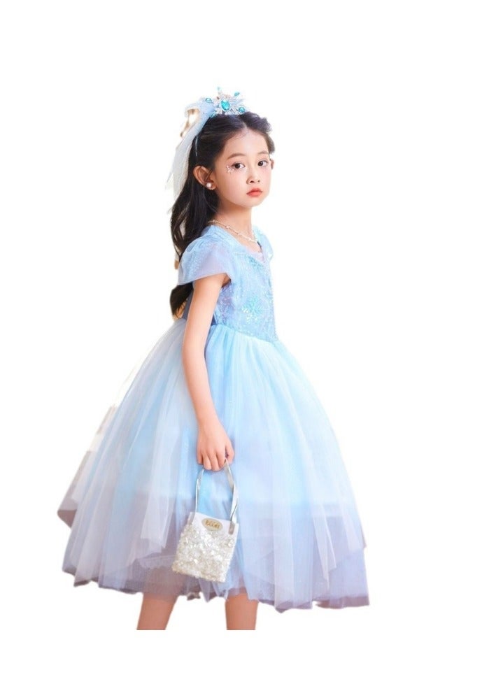 M MIAOYAN Young girl embroidered short-sleeved princess dress with blue long skirt, princess dress girl mesh fairy dress with large skirt, the best choice for the little princess at home - Image 5