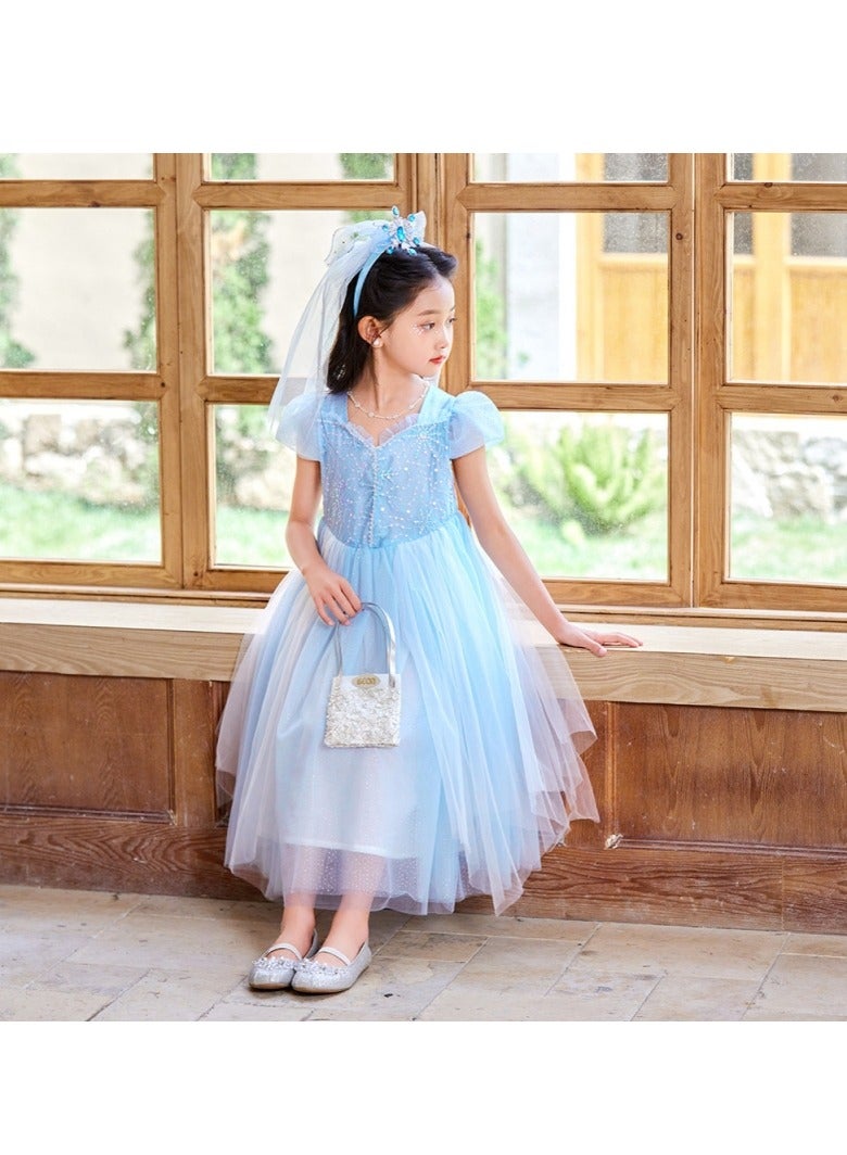 M MIAOYAN Young girl embroidered short-sleeved princess dress with blue long skirt, princess dress girl mesh fairy dress with large skirt, the best choice for the little princess at home - Image 3