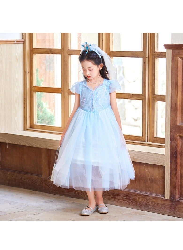 M MIAOYAN Young girl embroidered short-sleeved princess dress with blue long skirt, princess dress girl mesh fairy dress with large skirt, the best choice for the little princess at home - Image 4
