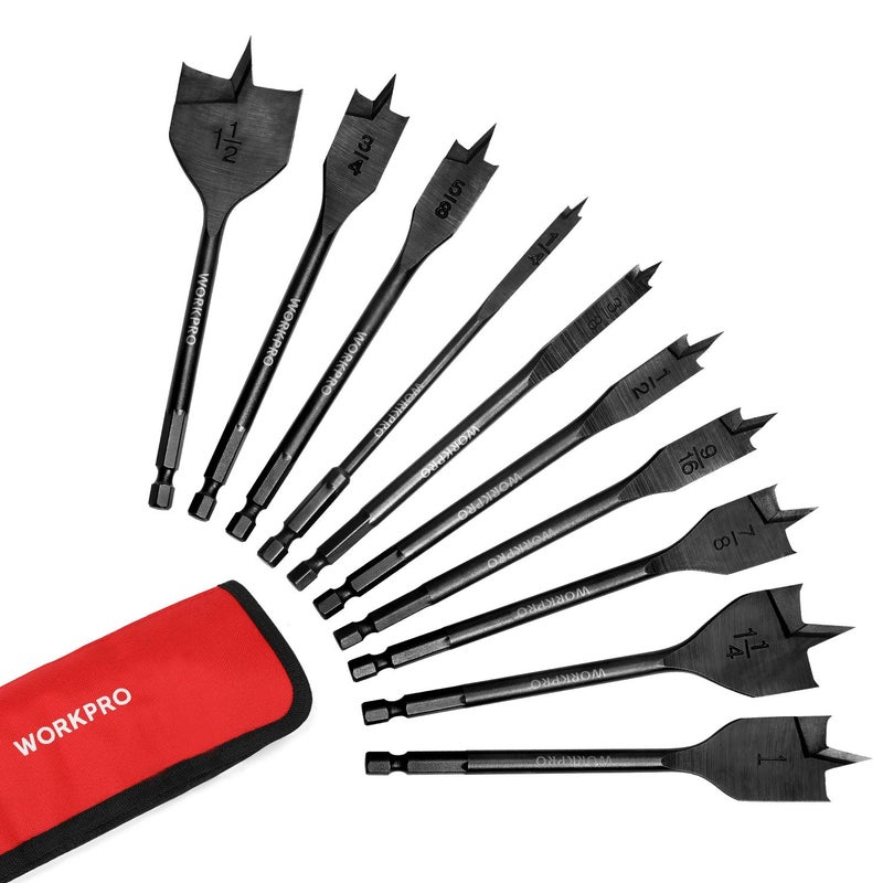 WORKPRO 10-Piece Pro Spade Drill Bit Set- Black Coating, Premium Carbon Steel, Paddle Flat Bits for Woodworking, Assorted Bits 1/4" to 1-1/2" with Storage Case - Image 1