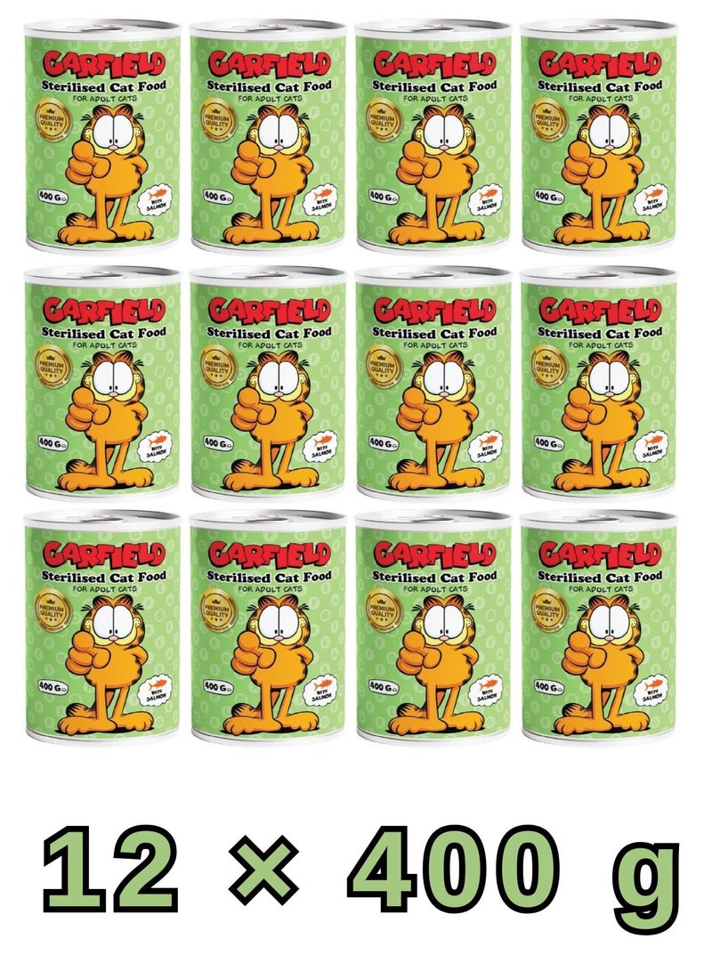 Garfield Wet Cat Food For Sterilised Adult Cats Salmon 400g ×12 Pcs| Premium Omega Rich Neutered Cat Food | Weight Control Healthy Easy Digestion Canned Food - Image 1
