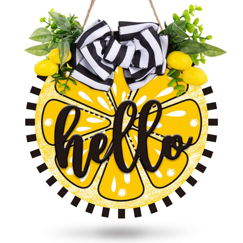 Whaline Lemon Wooden Hanging Sign 3D Hello Summer Welcome Sign Front Door Decor with Bowknot Artificial Lemons Rustic Farmhouse Wood Sign Door Hanger for Summer Holiday Home Office Shop Window
