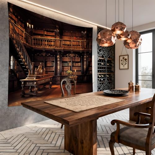 QGHOT Medieval Bookshelf Tapestry Vintage Library Bookcase Tapestry Wall Hanging Victorian Office Zoom Video Backdrop Old Books for Study Room Bedroom Living Room Decor 90.6"x70.9" - Image 2