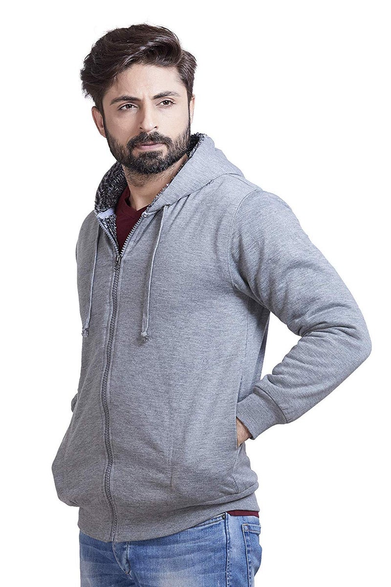ADBUCKS for Men’s Outdoor Down Zipper Thick Jacket Outwear With Black & White Inside Fur And Made By Rich Cotton Fabric With Hoodies (Lightgrey, Medium) - Image 2