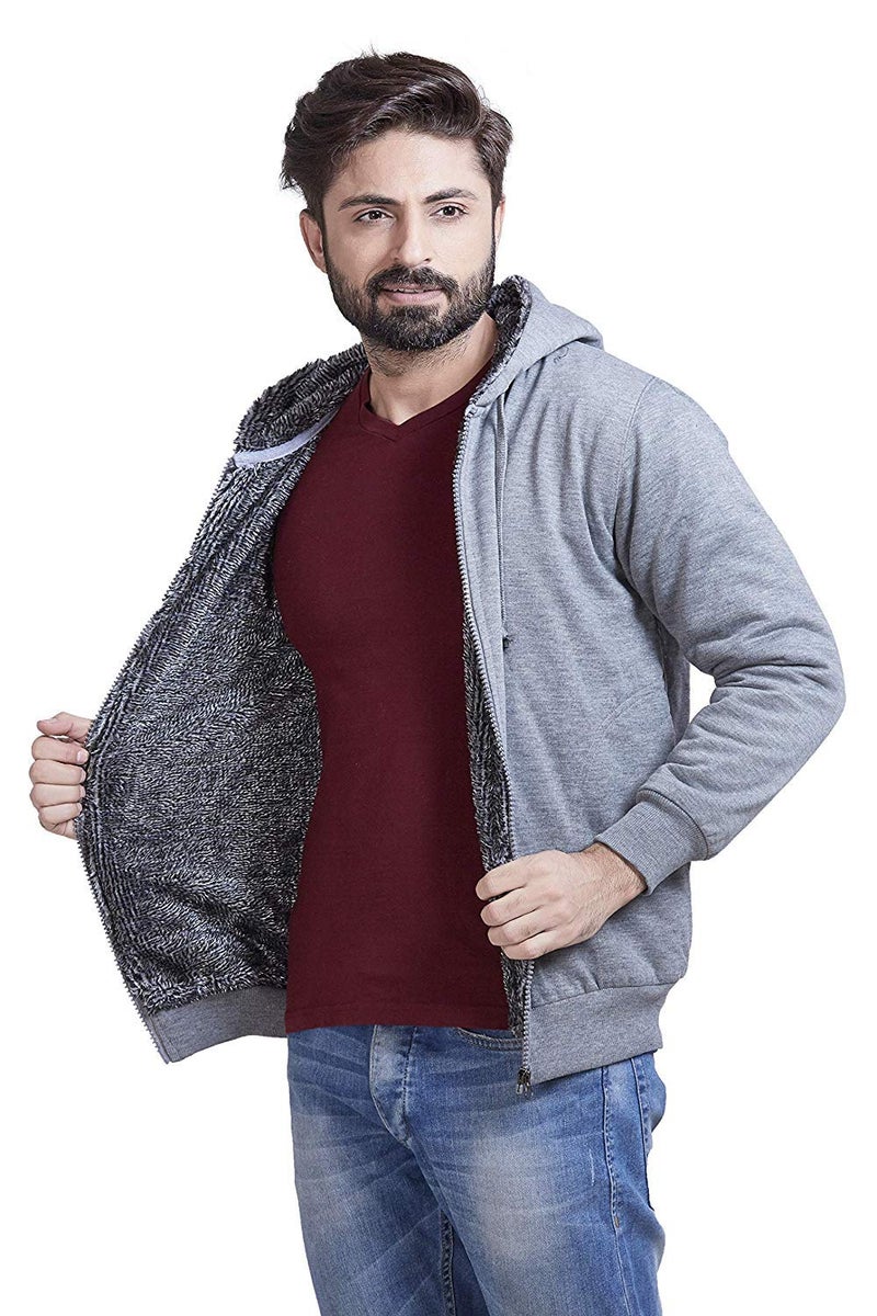 ADBUCKS for Men’s Outdoor Down Zipper Thick Jacket Outwear With Black & White Inside Fur And Made By Rich Cotton Fabric With Hoodies (Lightgrey, Medium) - Image 3