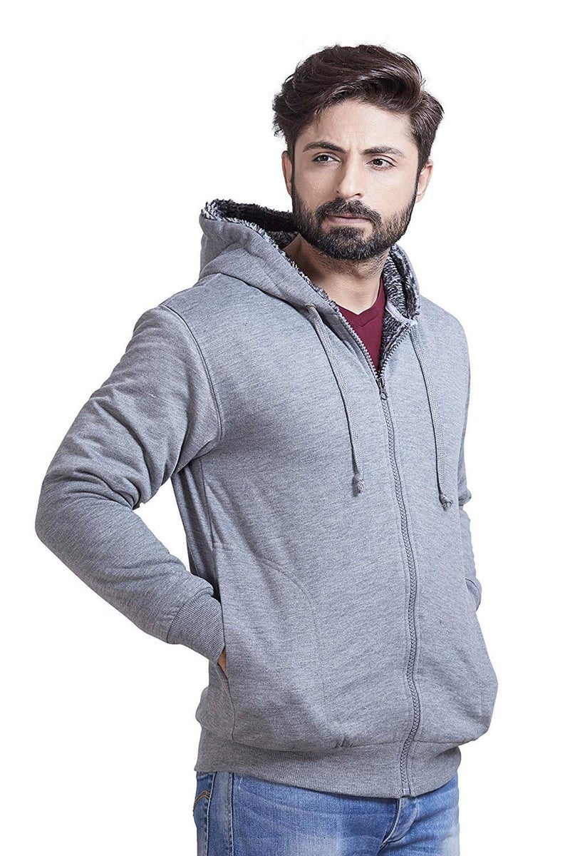 ADBUCKS for Men’s Outdoor Down Zipper Thick Jacket Outwear With Black & White Inside Fur And Made By Rich Cotton Fabric With Hoodies (Lightgrey, Medium) - Image 1